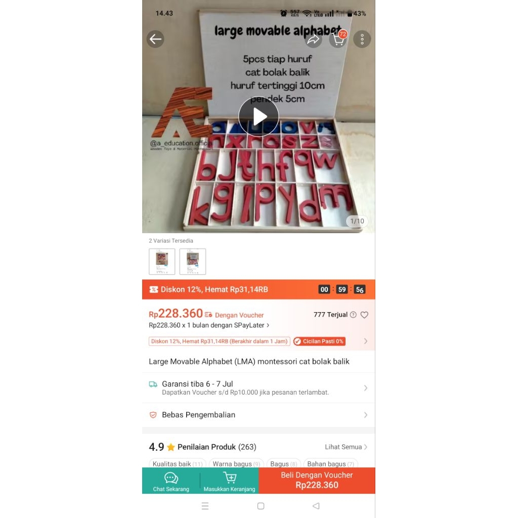 LARGE MOVEABLE ALFABET (LMA) MONTESSORI / PRE LOVED / MATERIAL MONTESSORI
