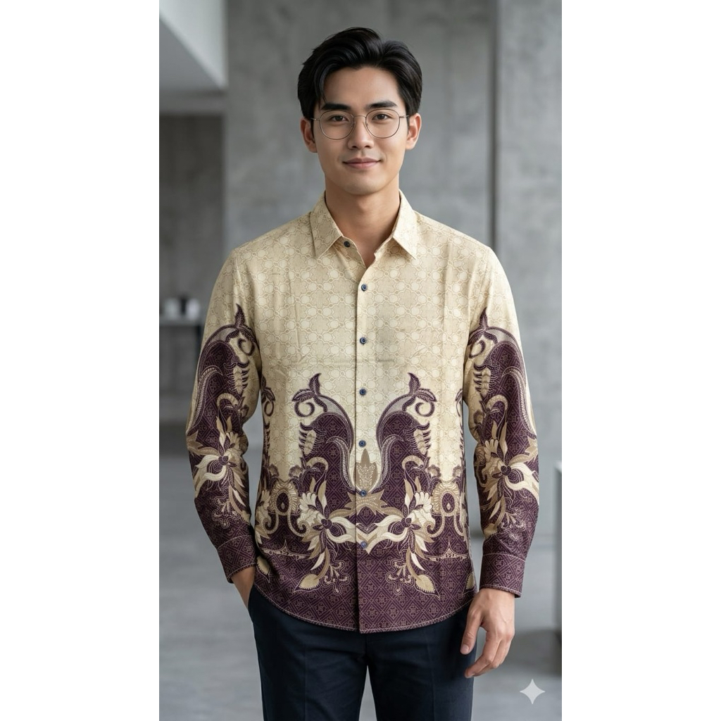 BATIK SLIMFIT PRIA TANGAN PANJANG BATIK SOLO WARNA CREAM