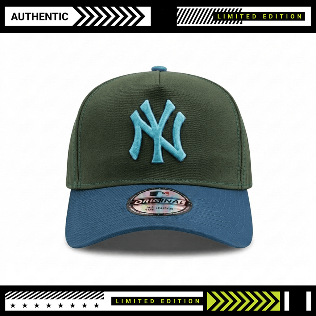 Topi Snapback Caps Logo NY Toska Bahan Hijau Army Visor Biru Langit Tua - A-Frame High Catton Preimu