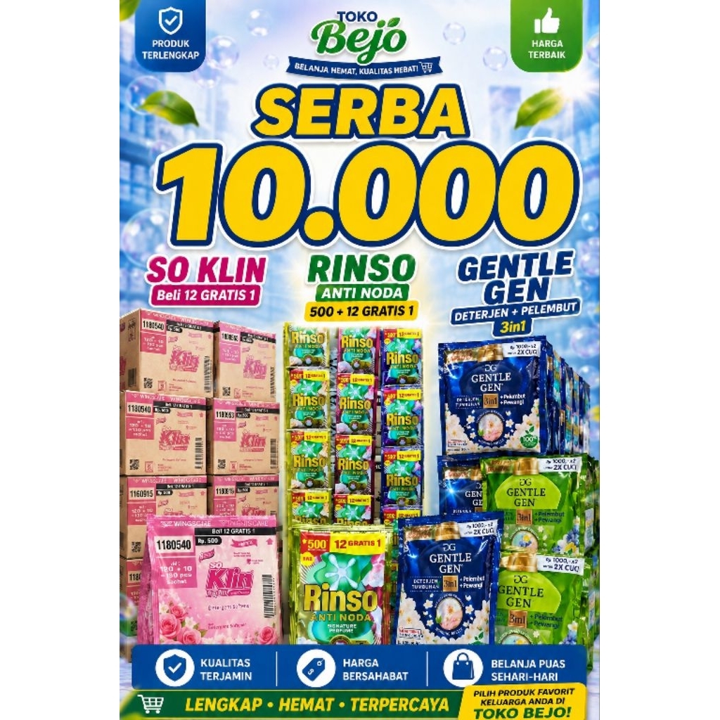 1RENTENG DETERJEN ALL VARIAN || 1 RENTENG GENTLE GEN || 1 RENTENG SOKLIN CAIR || 1 RENCENG RINSO CAI