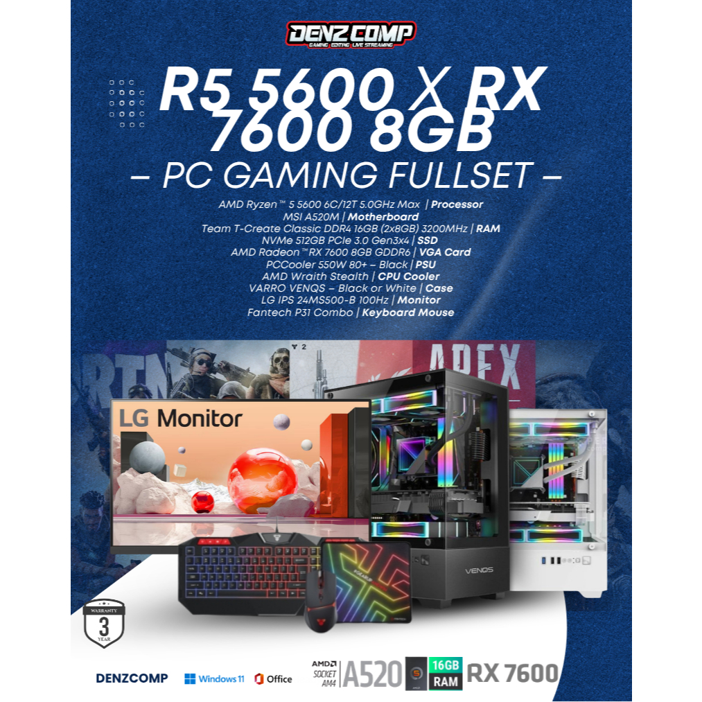PAKET PC LENGKAP RYZEN 5 5600 + MONITOR 24 INCH + RX 7600 8GB