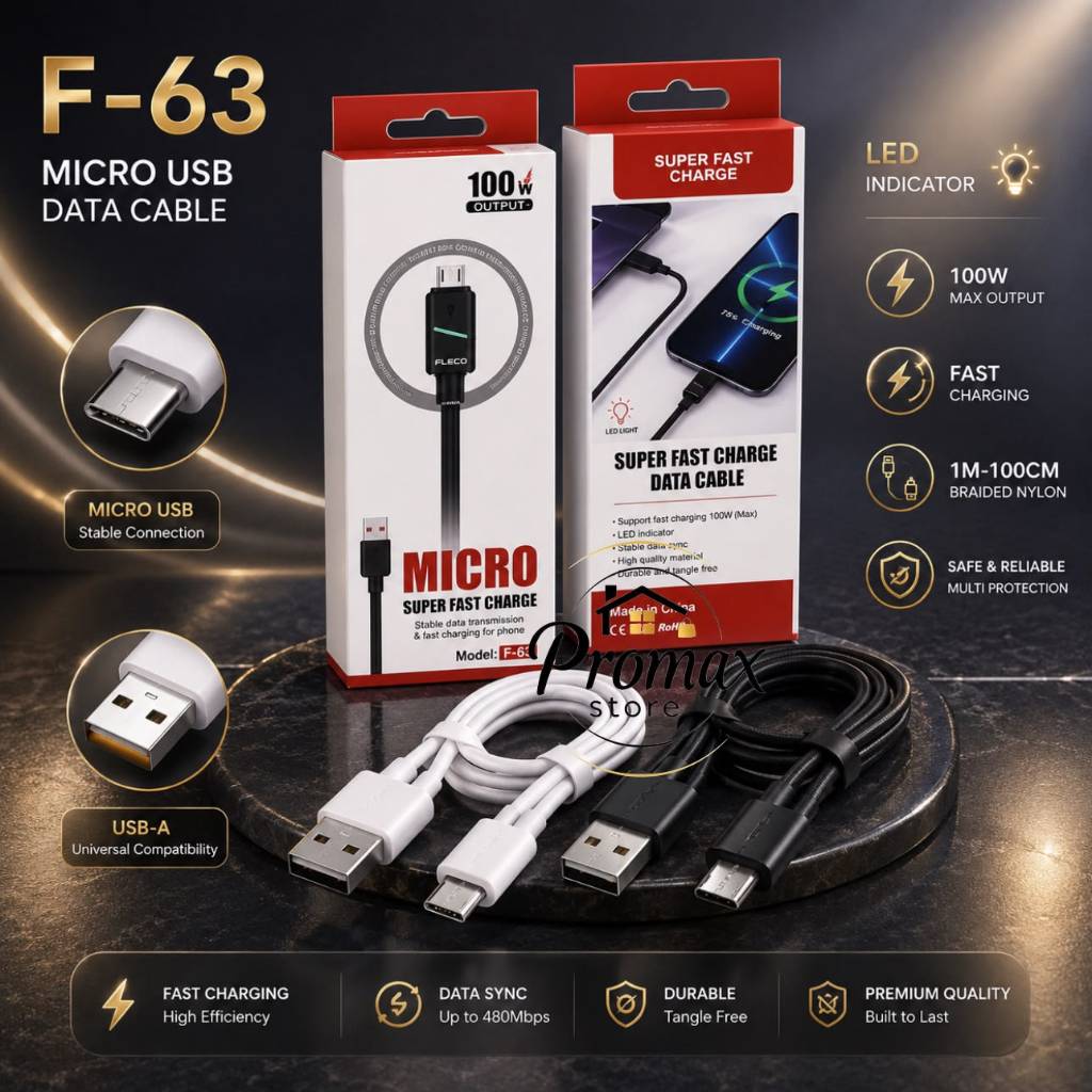 PM - Fleco F-63 Kabel Data LED Light Super Fast Charging 100W 6A Micro / Type C