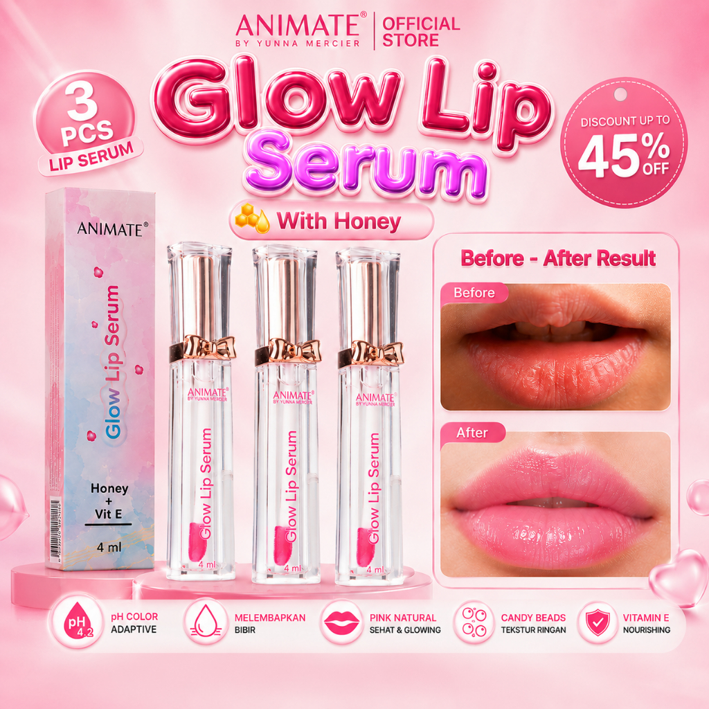 [ 3 PCS] Animate Glow Lip Serum 4 ml with Vitamin E dan Honey- Oil Serum Bibir Mencerahkan dan Melem