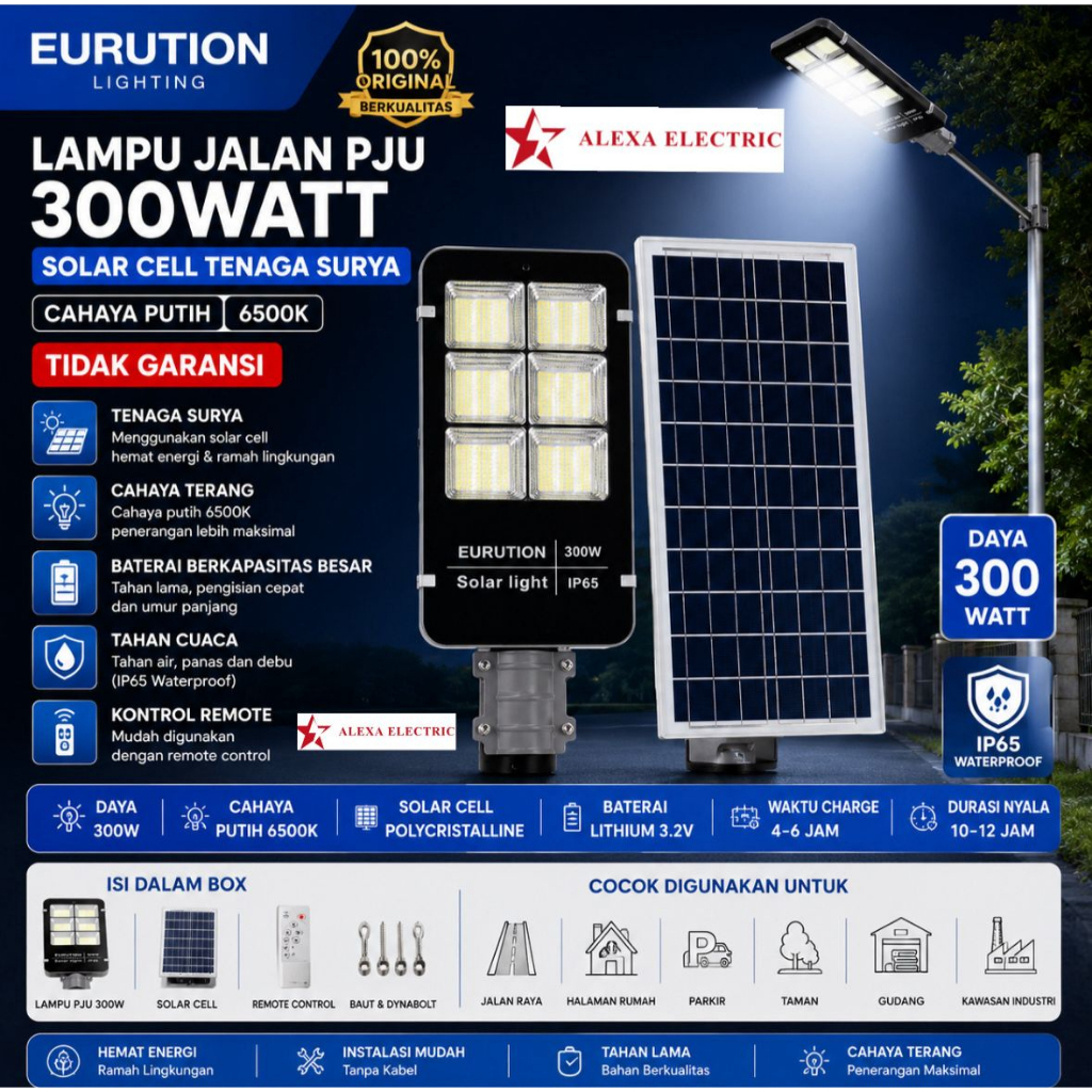 Lampu jalan PJU 300watt solar cell tenaga surya cahaya Putih EURUTION