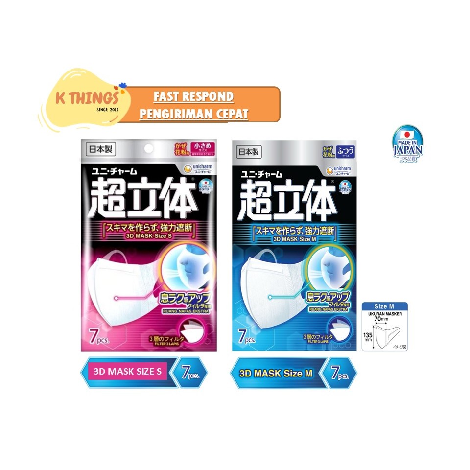 Unicharm 3D Mask Size S & M isi 7 pcs Masker Wajah Protect Pollution 3 Layer Anti PM2.5 & Virus 99% 