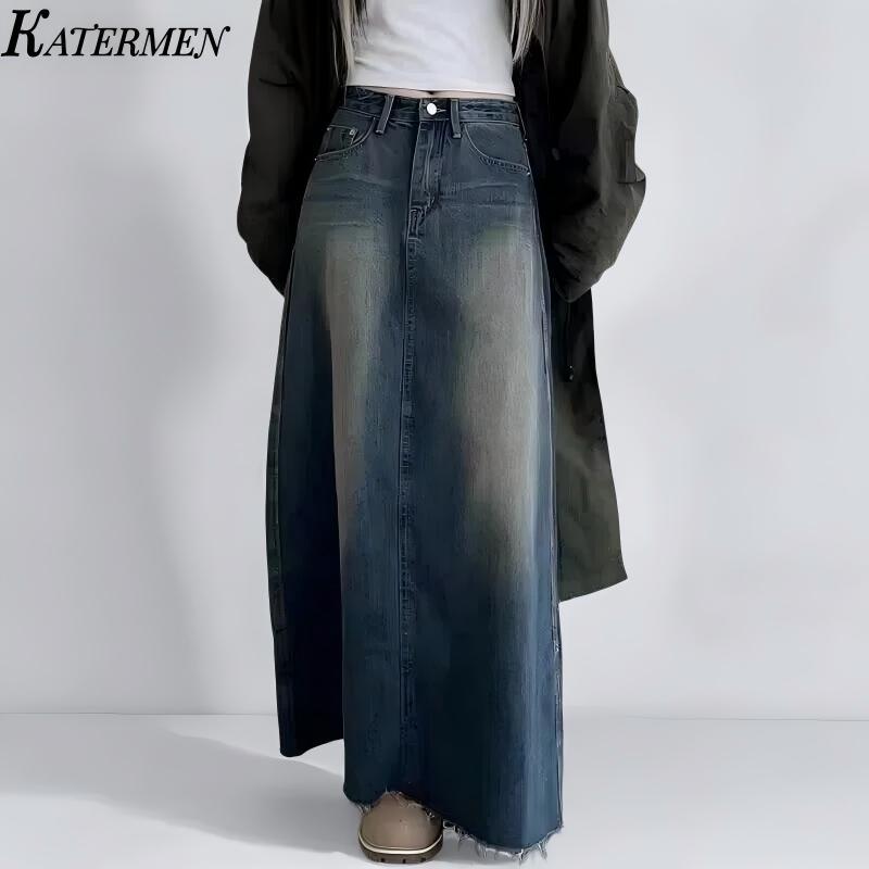 KATERMEN Rok A-line pinggang tinggi-Rok panjang denim-Rok-Rok denim longgar vintage