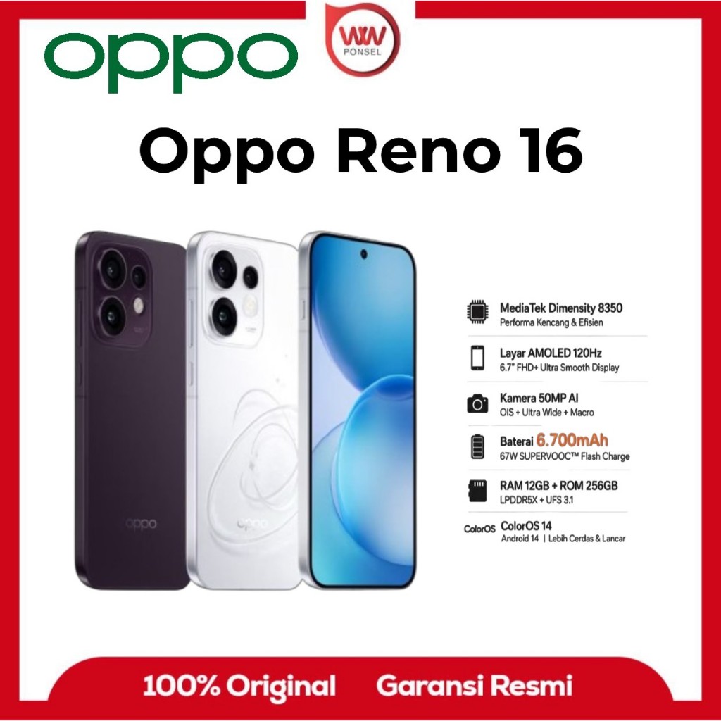 Hp Oppo Reno 16 5G Ram 12GB Internal 256GB Garansi Resmi