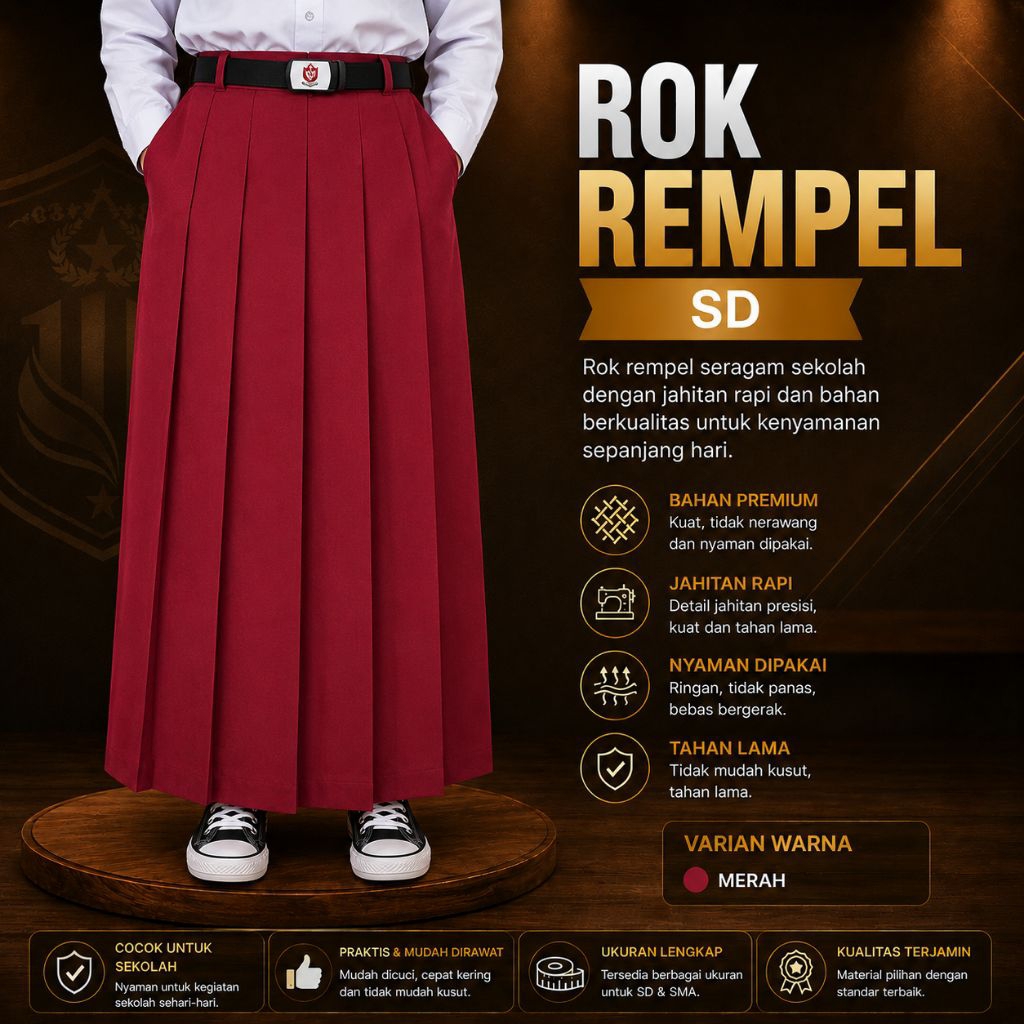 M260 | Rok Rempel SD Bahan Premium Jahitan Rapi Nyaman Dipakai Tahan Lama Varian Warna Merah untuk S