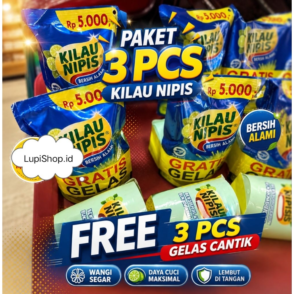 (PAKET 3 PCS KILAU NIPIS 3 PCS GELAS) Kilau Nipis Sabun Cuci Piring Alami Kemasan 5000 Free Gelas