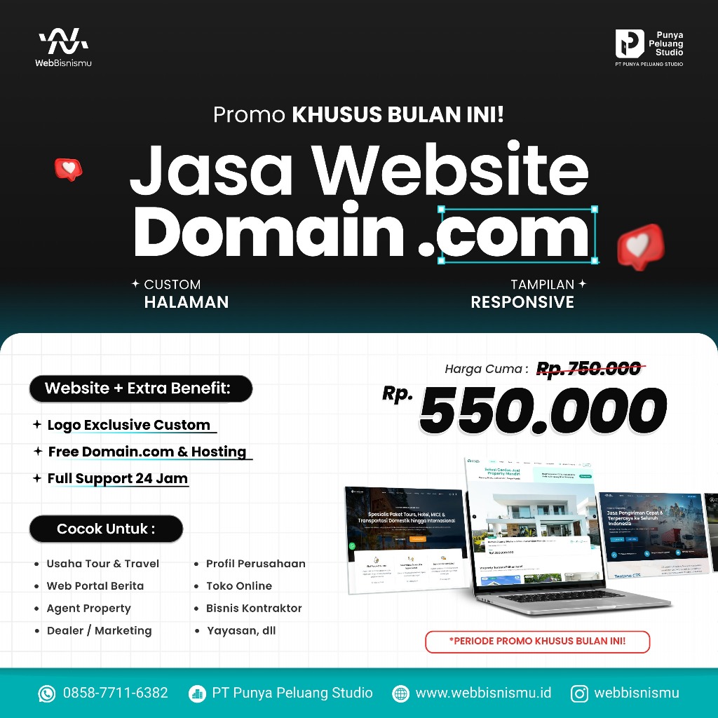 PROMO PEMBUATAN WEBSITE CUSTOM DOMAIN .COM 550RB ALL IN