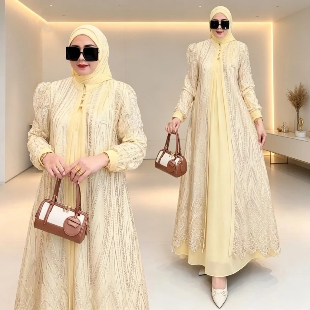 Dress Muslimah Kondangan Kekinian Setelan Vest Outer Brokat Payet Gamis Syari Pesta Mewah Elegan Bus