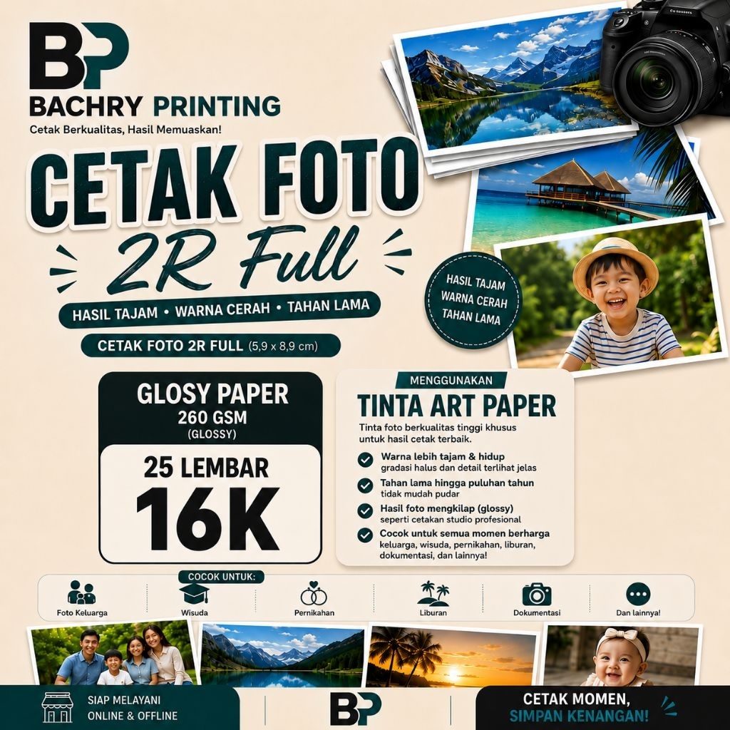 CETAK FOTO 2R FULL GLOSY. BUKAN KERTAS ART CARTON/IVORY.