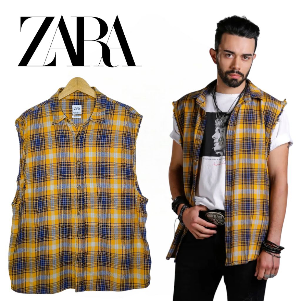 ZARA Man Relaxed Fit Checkered Yellow & Navy Cotton Vest Unfinished Sleeveless Size L