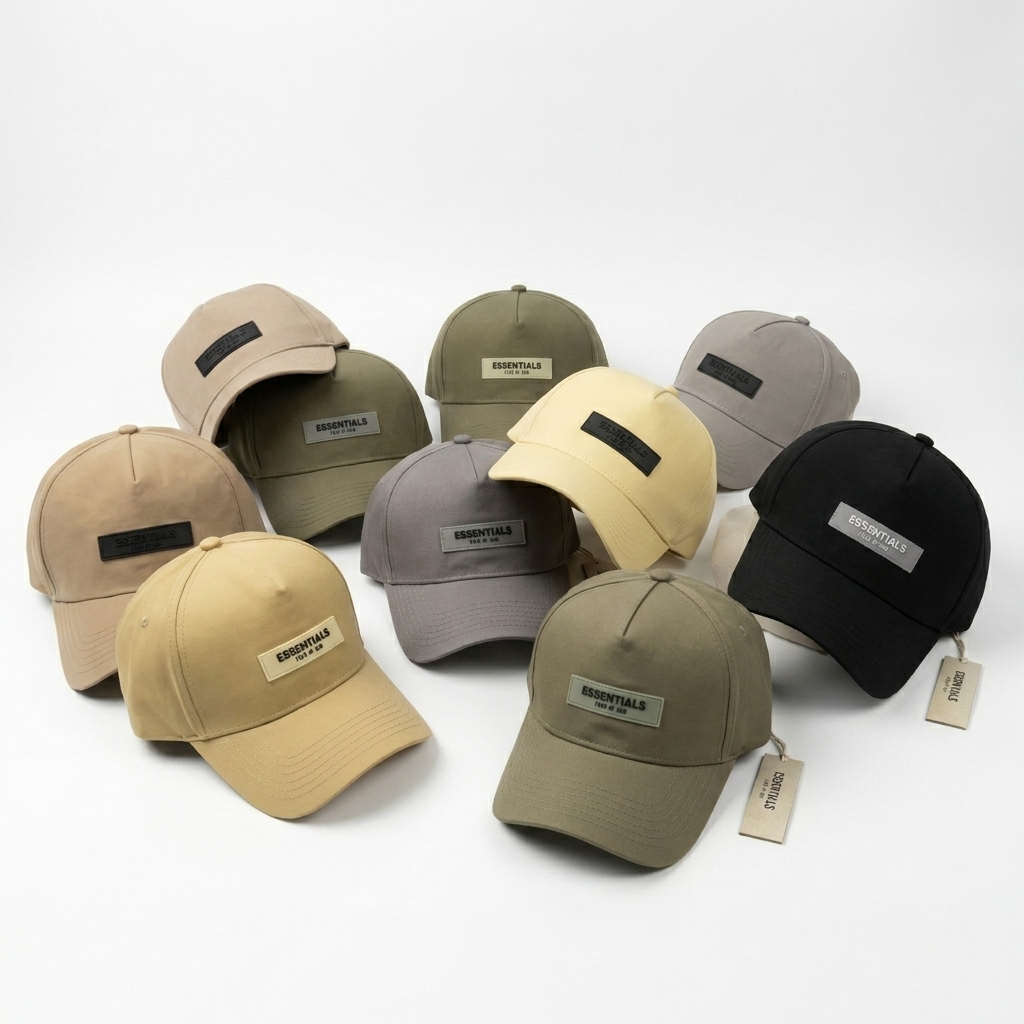 #477 ESS Topi Baseball FOG Fear of God Hitam Cotton Unisex Import Logo Karet Rubber