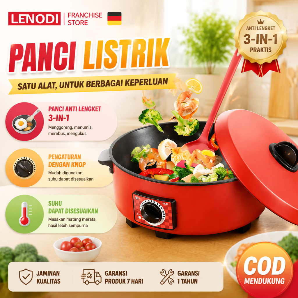 Wajan Enamel Multifungsi Teflon Besar 14 Inch Fry Pan Elektrik Anti Lengket 6L Panci Listrik Serbagu