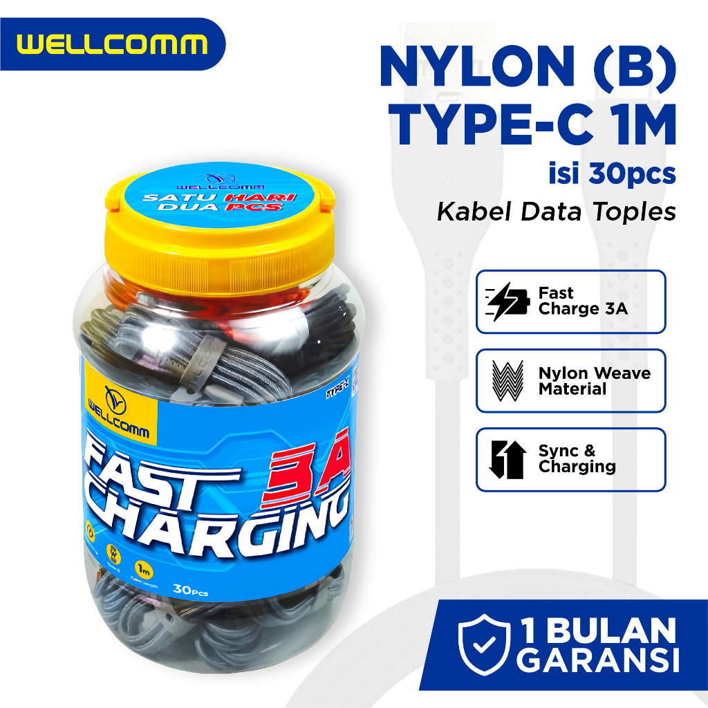 WELLCOMM Kabel Data Nylon USB Type C 1M Fast Charge 3A (Toples) isi 30 Pcs Seri B