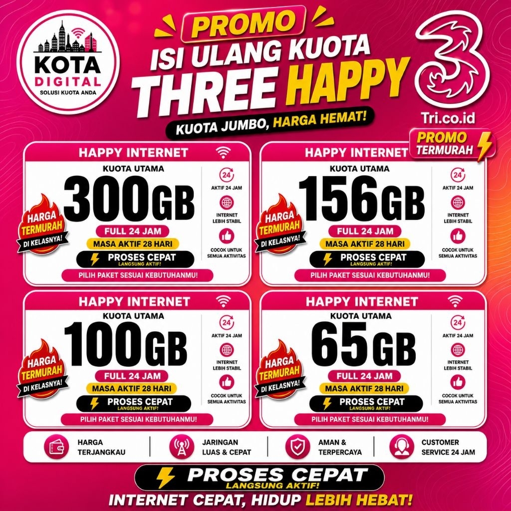 ISI ULANG PAKET DATA THREE HAPPY FULL & ALWAYS'ON