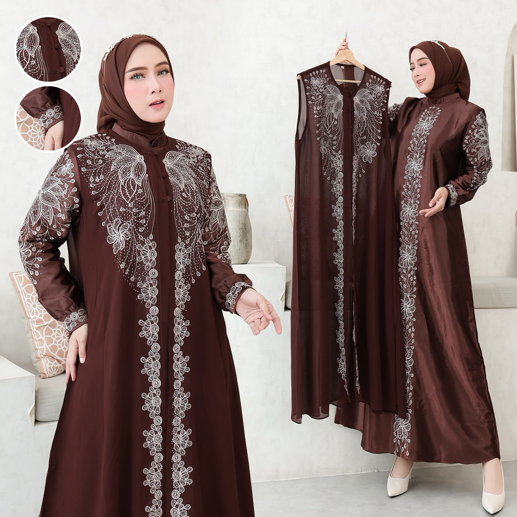 One Set Gamis Pesta Ceruti Premium Bordir Payet – Inner Satin Kristal Outer Ceruti (M–XXXL)