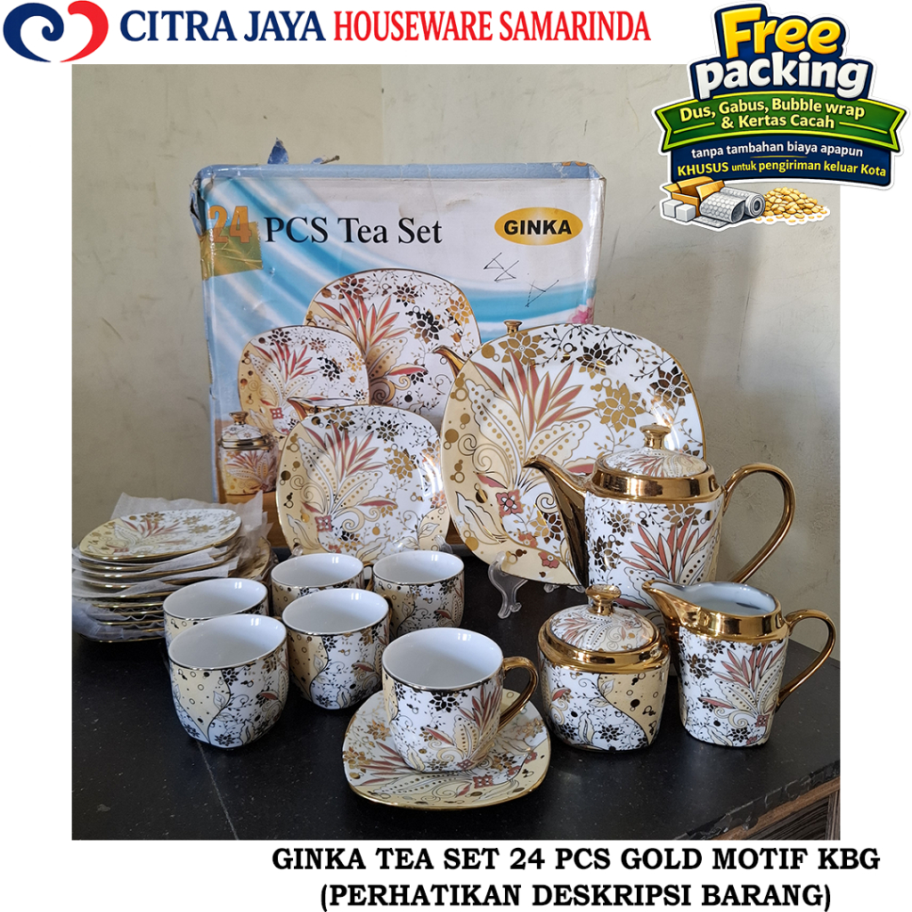 Set TEH 24 PCS GINKA (PERHATIKAN DESKRIPSI) GOLD MOTIF KEMBANG KERAMIK