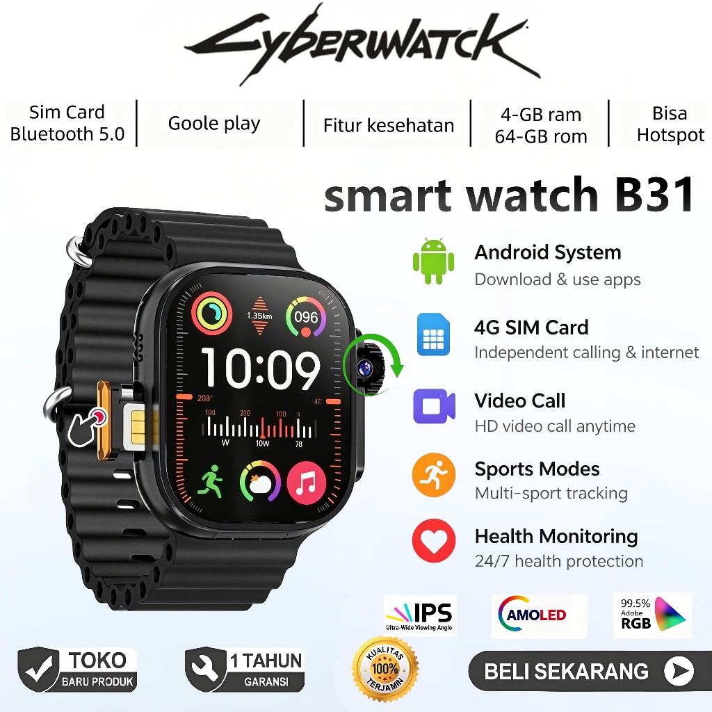 [4G Sim card]Cyberwatch Smartwatch B31 4G & 5G | RAM 4 / 64GB | SIM CARD | Bisa Nonton Youtube | Bis