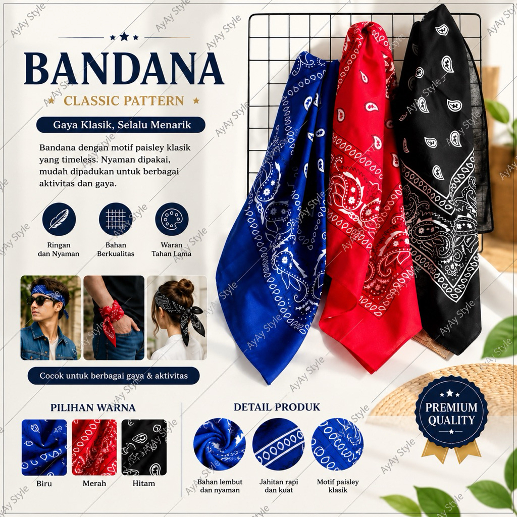 BANDANA SLAYER 100% KAIN KATUN MOTIF PAISLEY MASKER SKENA BANDANA SCARF LEMBUT