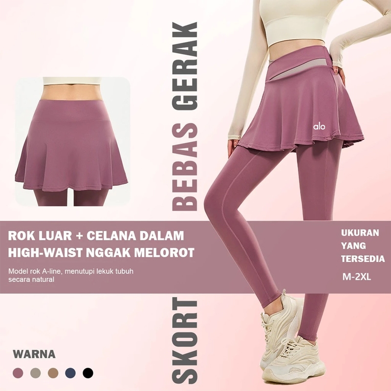 ALO Rok Sport Wanita High Waist Premium Skort dengan Inner Shorts Yoga Gym Running Tennis Activewear