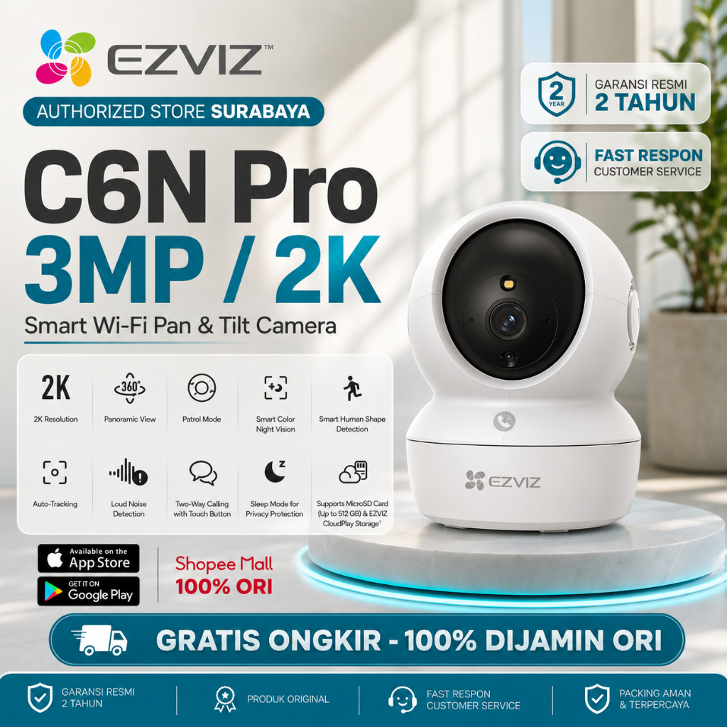 EZVIZ C6N 3MP 2K CCTV Wifi Indoor Smart Camera Pan Tilt 360° Auto Tracking Audio 2 Arah | Garansi Re