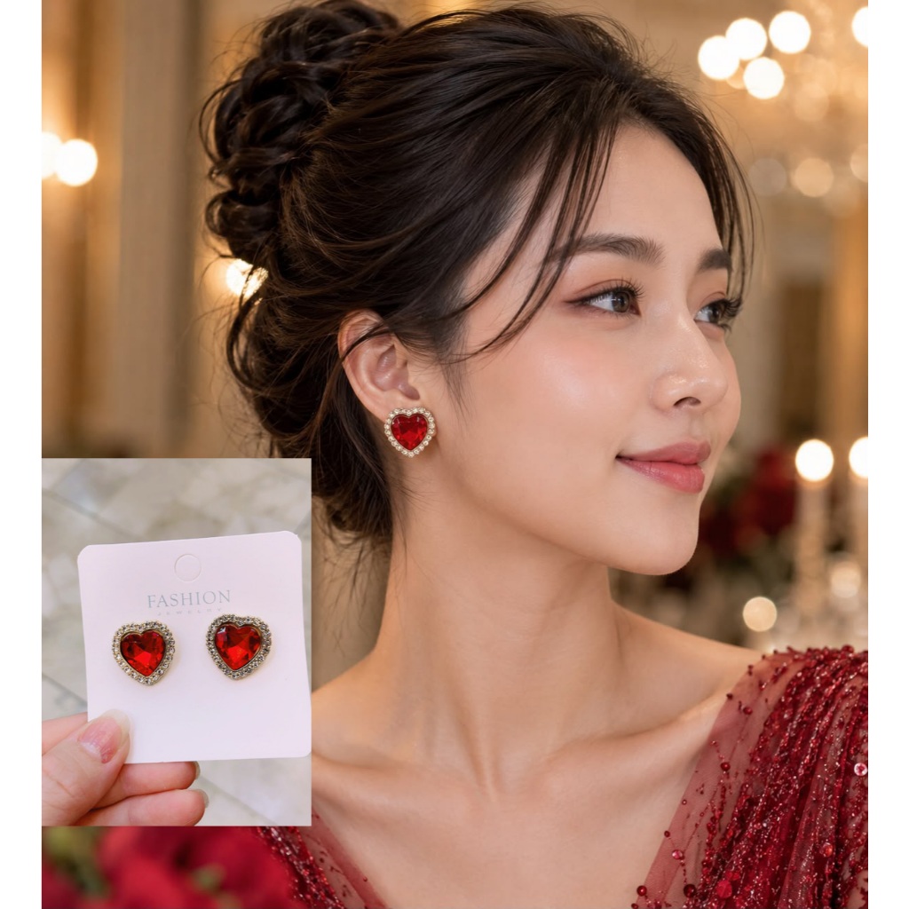 Anting Love Merah Design Elegant Perhiasan Pesta Anting Wanita AT1082