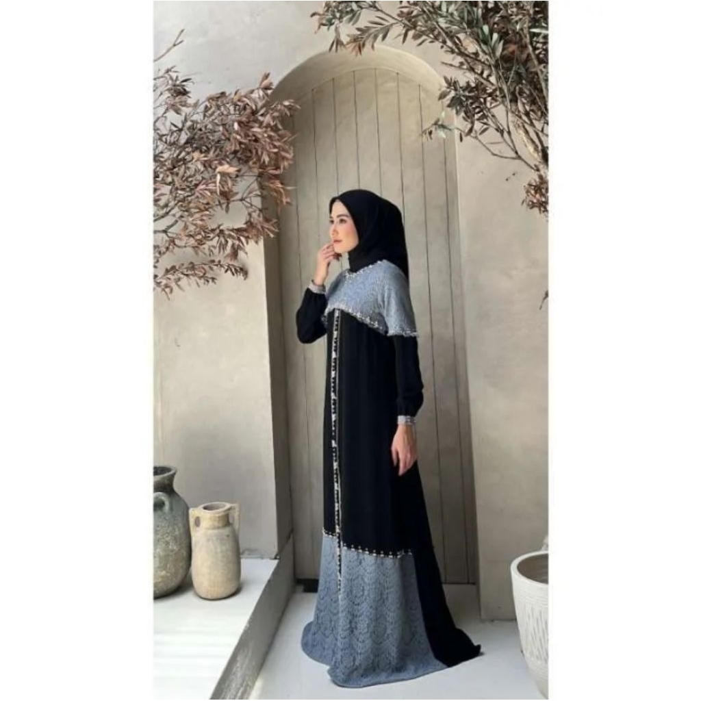 Gamis Nadeea Brokat Soft Grey size M Edisi Ied Sale