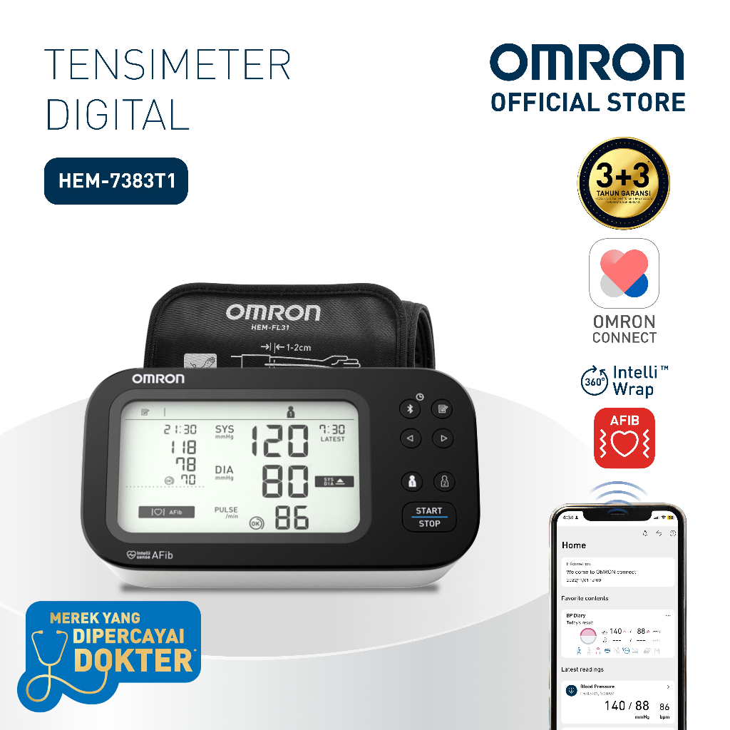Omron Tensimeter Digital HEM-7383T1 Blood Pressure Monitor Automatic + AFib