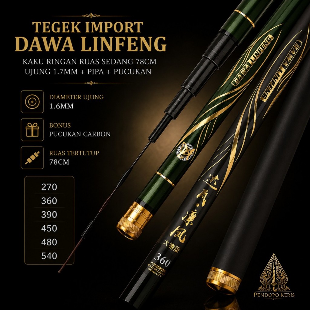 tegek import dawa linfeng kaku 19t 7h ringan ruas sl 78cm ujung 1.7mm + pipa+ pucukan carbon