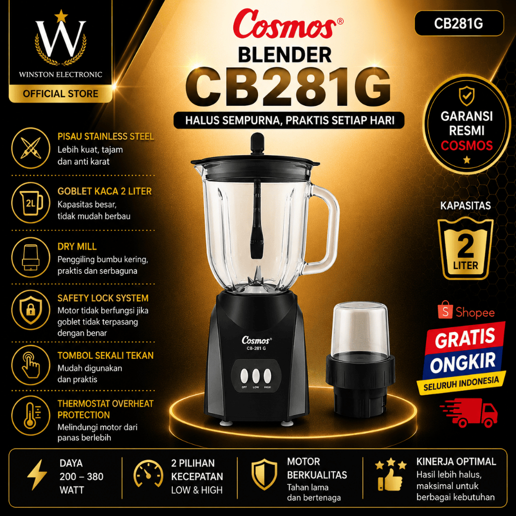 BLENDER COSMOS 2IN1 CB 281G BLENDER 2L/CB281G/CB281 G/CB 281G/CB 281 G/CB-281G/ORIGINAL GARANSIRESMI