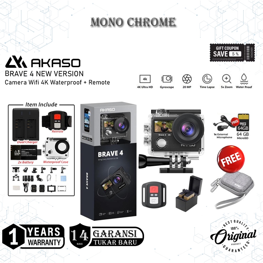 Akaso Brave 4  New Version Action Cam Camera Wifi 4K Waterproof + Remote Original Resmi