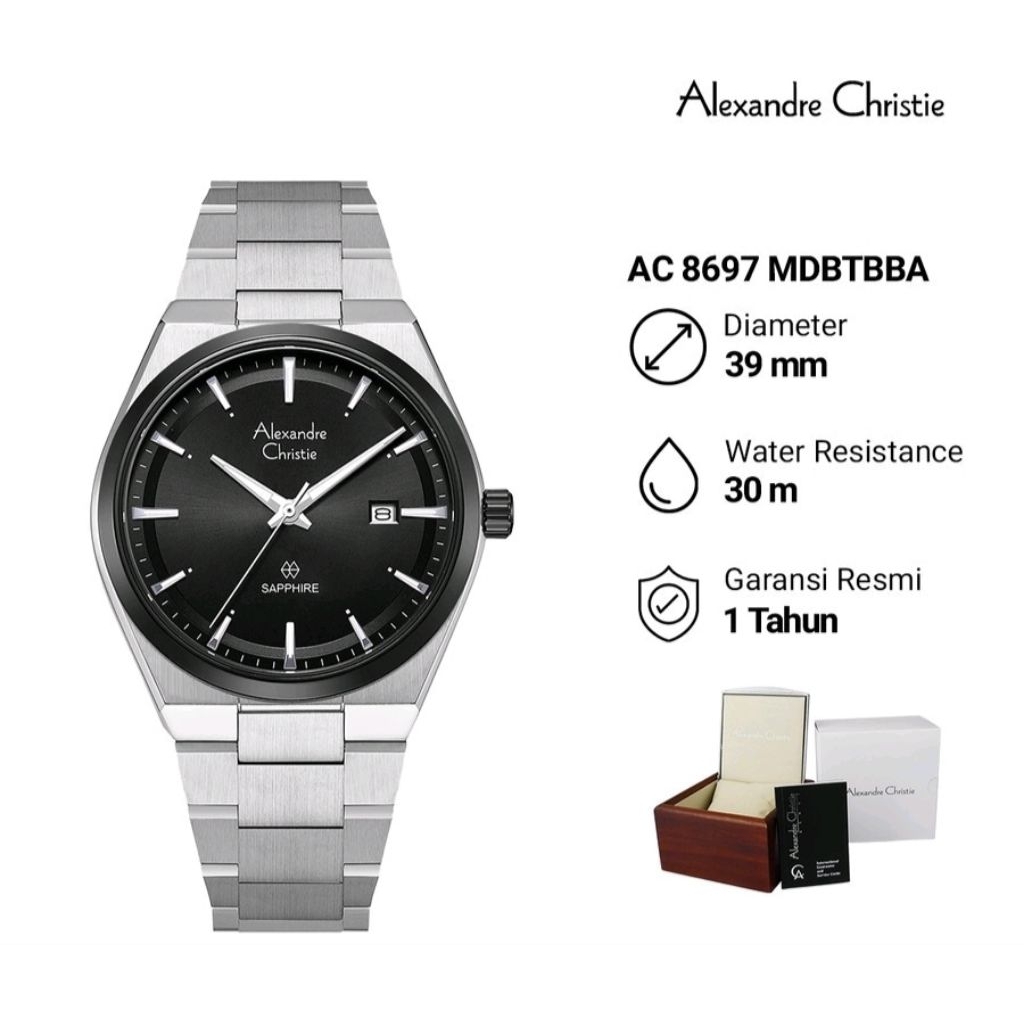 Jam Tangan Pria Alexander Christie AC 8697 Classic Kaca Sapphire Stainless Steel Original & Garansi