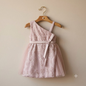 Lequince - Gaun Anak Perempuan Pink Dusty Motif Floral Dengan Renda & Tutu