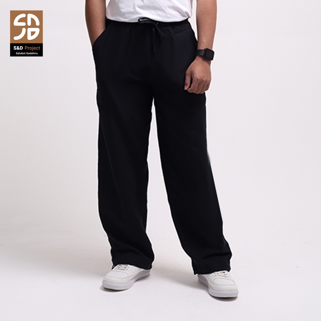 S&D PROJECT Celana Pria Ease Linen Loose Pants Pinggang Karet Drawstring  - Hitam