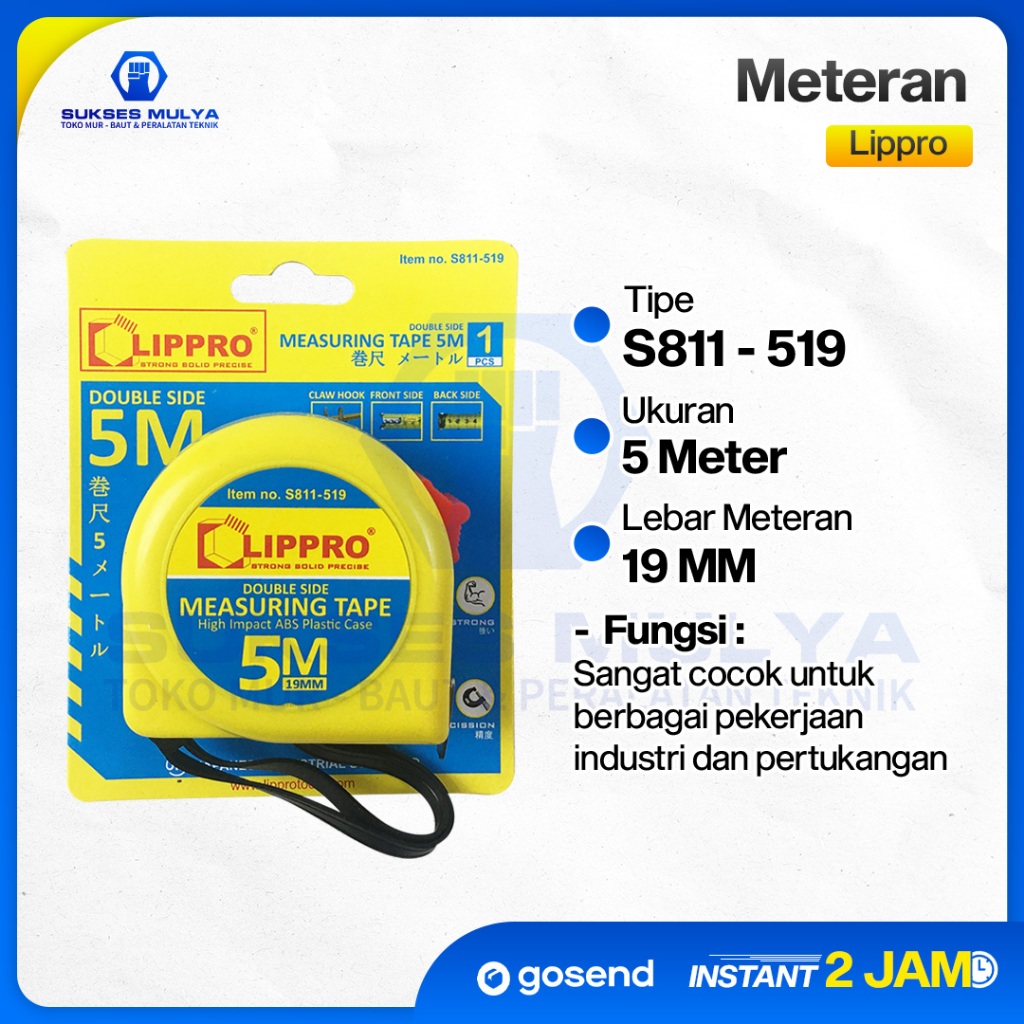 LIPPRO METERAN 5 METER BODY PLASTIK ALAT UKUR TUKANG MEASURING TAPE S811-519