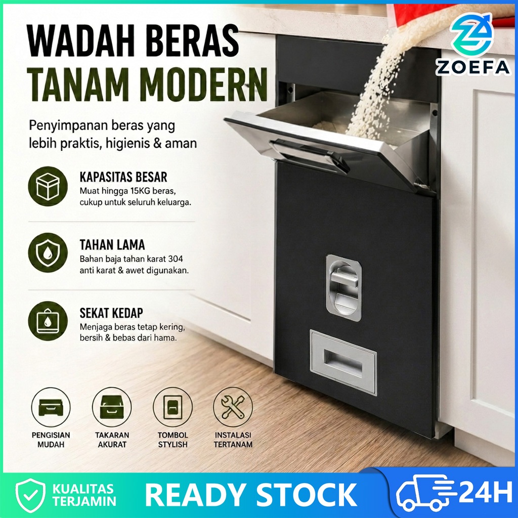 Dispenser Beras Lemari Dapur Tertanam 15-20KG Stainless Steel SUS304 Takaran Satu Tekan Anti Lembap 