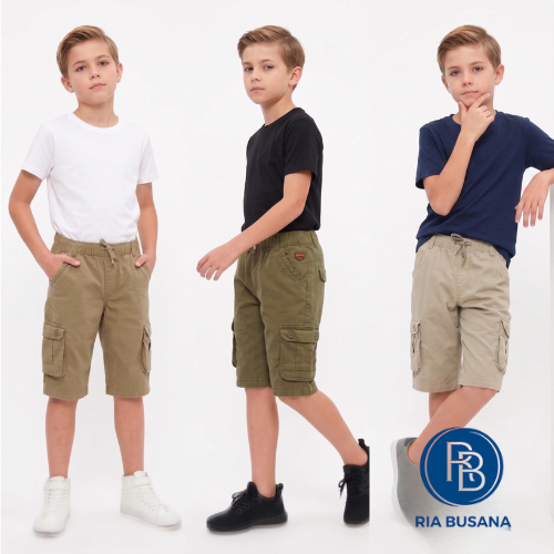 Ria Busana - Bombi - Celana Pendek Cargo Anak Pria Katun Halus Pinggang Karet Art. BHCK04302BN