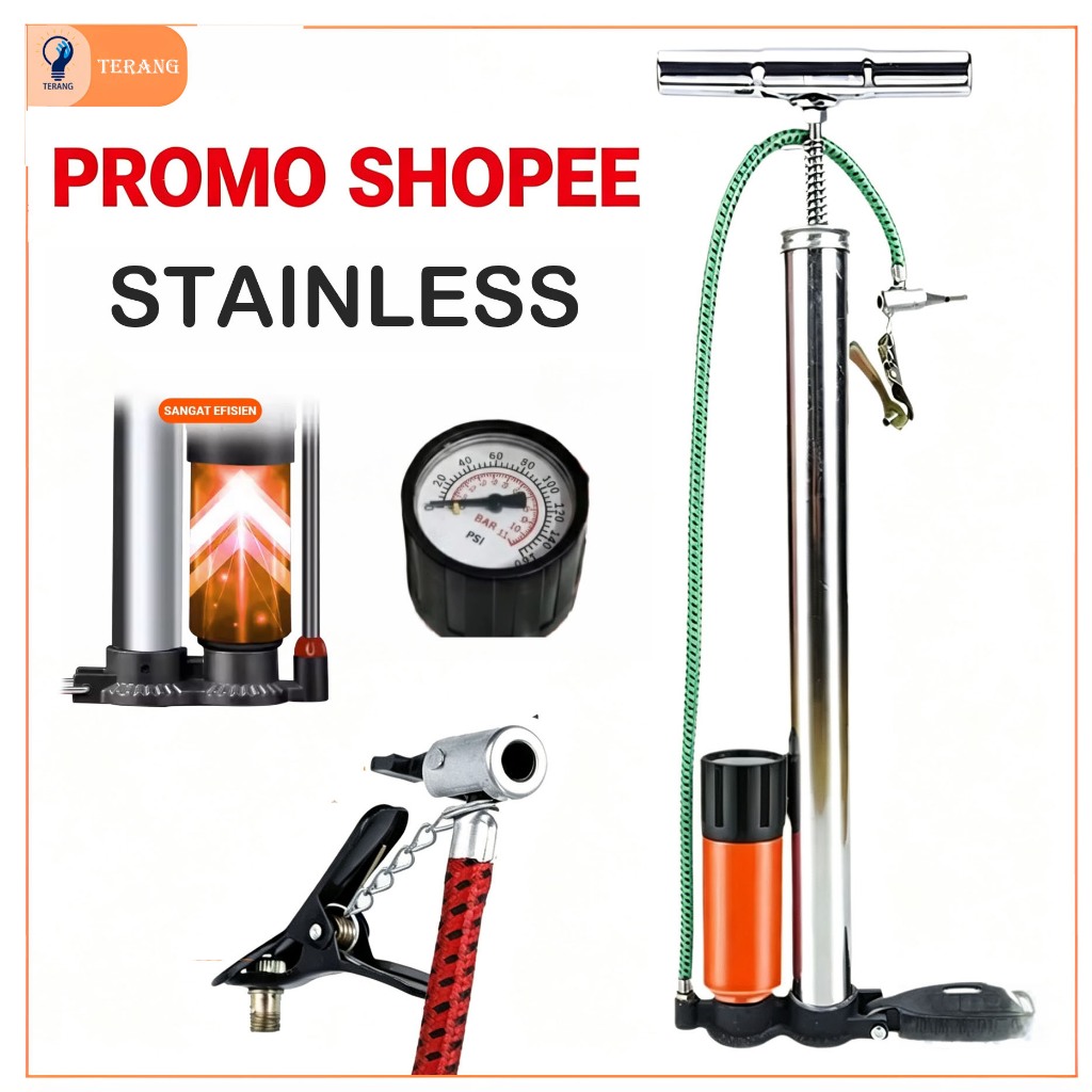 POMPA ANGIN TABUNG + METER - KOMPA RODA BAN SEPEDA MOTOR MANUAL POMPA STAINLESS