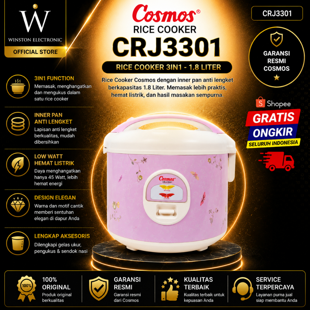 COSMOS Rice Cooker Cosmos CRJ 3301 Cake - 1.8Liter/CRJ 3301/CRJ3301/CRJ-3301/BERGARANSI RESMI MURAH