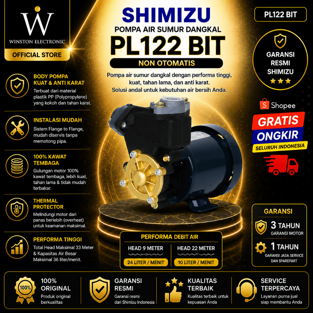 POMPA AIR SHIMIZU PL 122BIT AUTOMATIC PUMP/PL-122BIT/PL 122BIT/PL122BIT/SHIMIZU POMPA AIR BERGARANSI