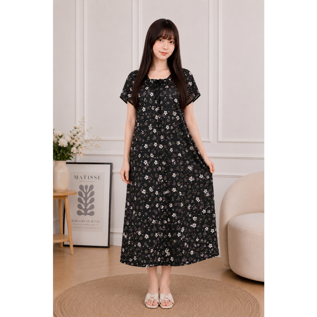 Daster Rumahan Motif Bunga Hitam Leher Karet Kerut Lengan Pendek Lingkar Dada 120 Katun Lembut