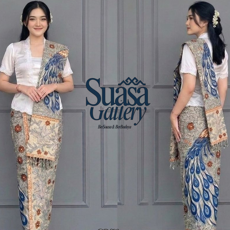 Suasagallery Kain Batik Set Selendang Bahan Sutra Paris ATBM Premium Motif Burung Merak Biru Elegan