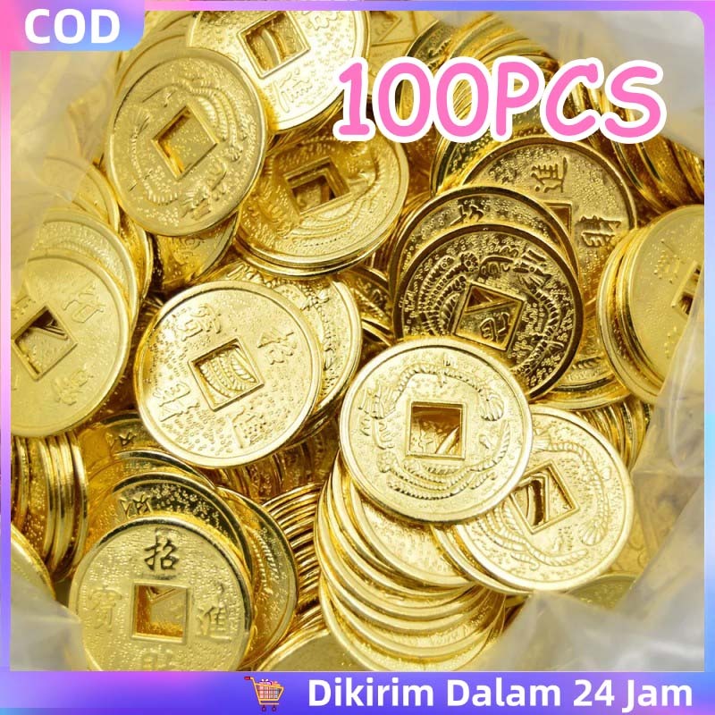 100pcs Koin Cina Kuno Emas Uang Logam Kuno Koin Feng Shui Hiasan Koin Imlek Pajangan Uang
