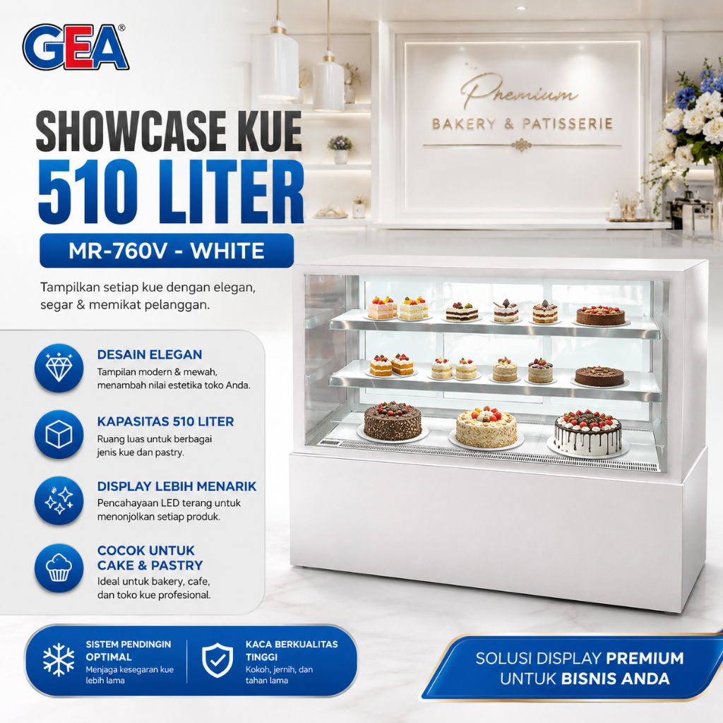 GEA SHOWCASE KUE 510 LITER / CAKE SHOWCASE (GEA) MR-760V - WHITE