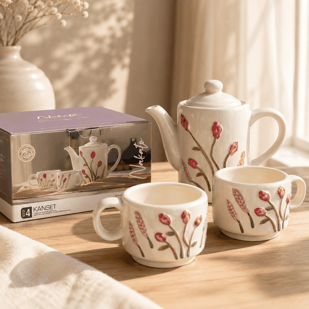 Nakato Kanset Ceramic Tea - Set Teko & Cangkir Keramik Motif Bunga Handmade Estetik - Paket Teko Ker