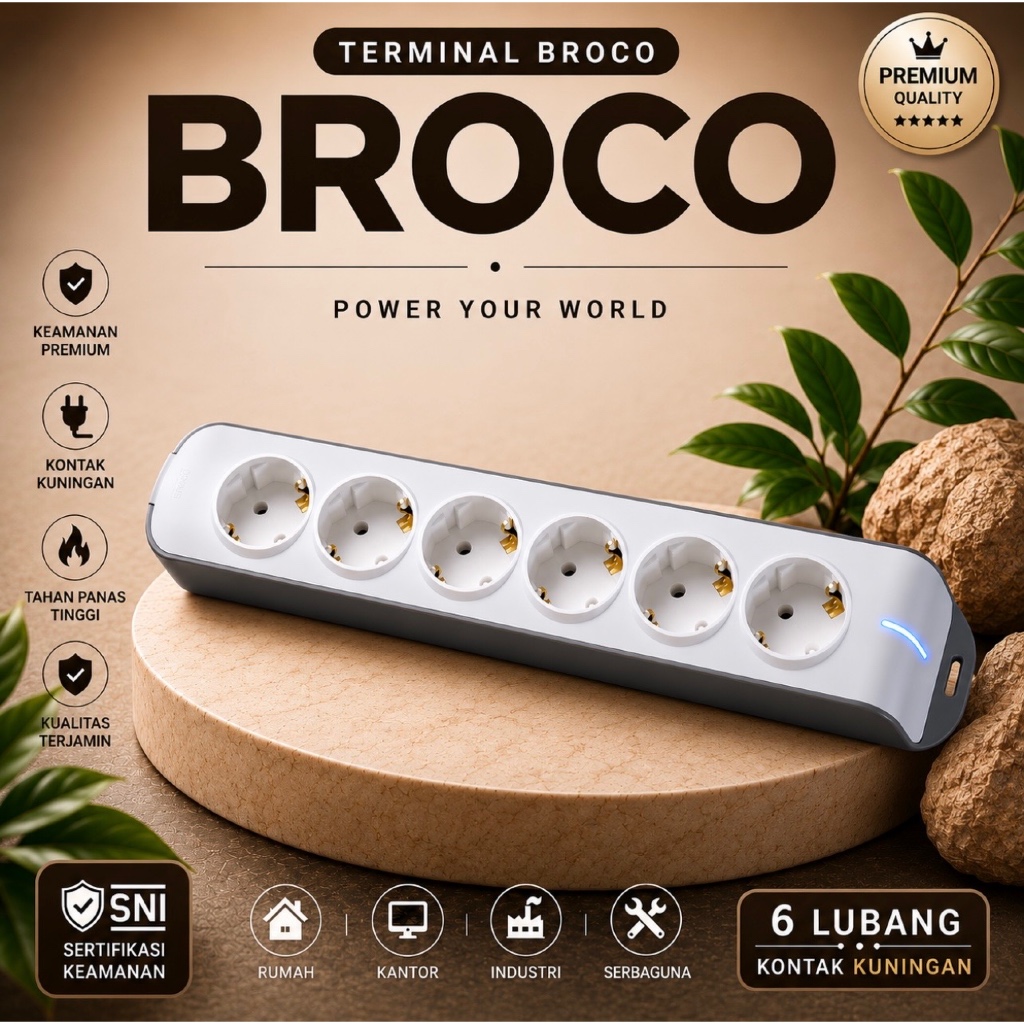 Broco Terminal Stop Kontak Socket Arde Colokan Broco Stopkontak Lubang 6 Miring + Lampu Broco 15366