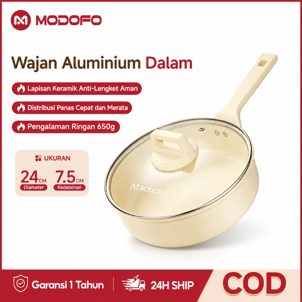 MODOFO Wajan Penggorengan Anti Lengket 24cm Teplon Anti Lengket Dandang Kukus Enamel Tutup