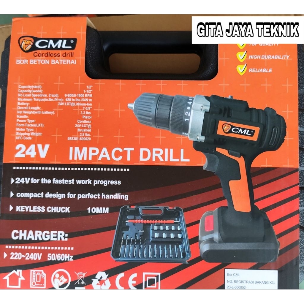 Bor Baterai CML 24V Impact Drill 10mm Cordless + Charger + Koper